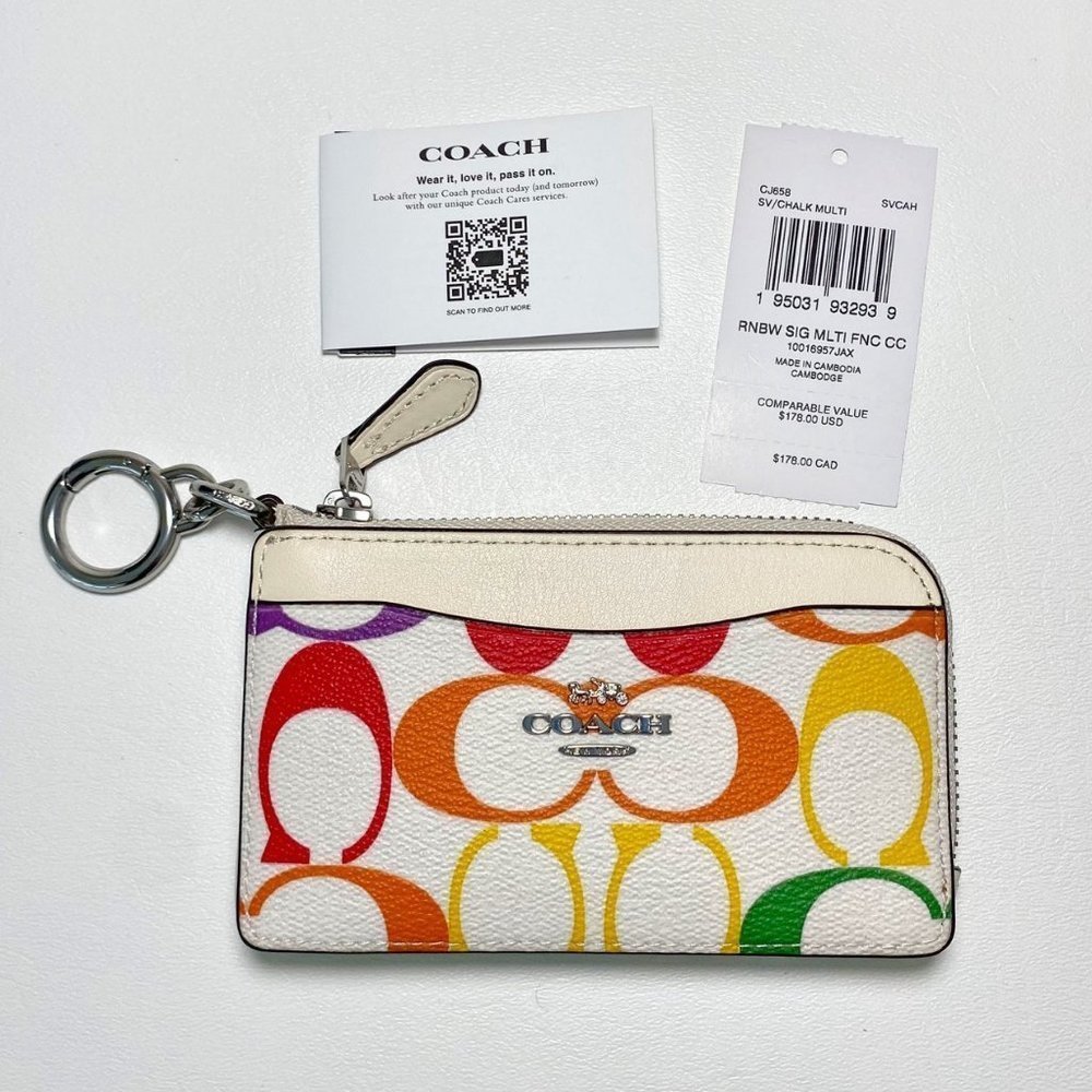 Coach Rainbow Signature Card Case ID Wallet Keychain Bag Charm NWT - Picture 7 of 7